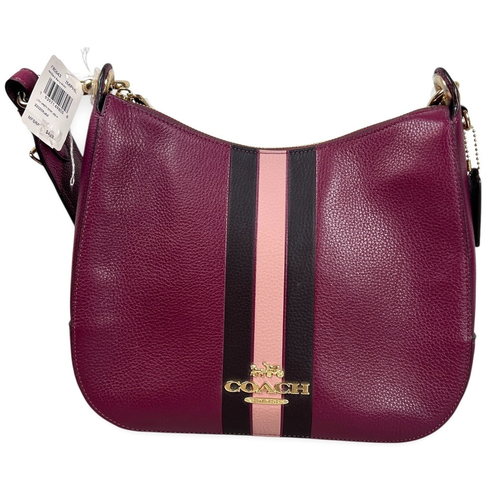 Coach Jes Hobo Bag Women Dark Berry Multi Leather Varsity Stripe F80643 Shoulder